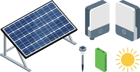 Isometric vector illustration of green energy solar power system set including photovoltaic panel inverter battery storage station garden light and sun icon © MDSHAHINALAM