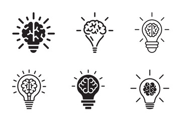 Brain in light bulb icon set. Creative intelligence and idea icon set with brain inside light bulb. Creative, generating idea, solution , knowledge, lamp vector. Idea and creativity icon collection. © AI Creatives