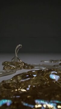 Vertical video: Reacting amber fluid forming ribbons, jets, droplets after impact on mirrored table