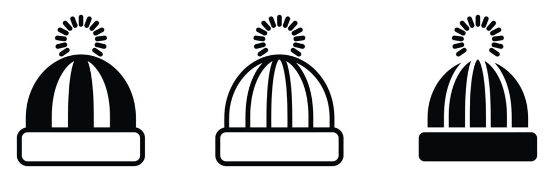WebWinter beanie hat icon vector set, knitted woolen cap symbol for cold weather clothing, flat linear silhouette and glyph style for Adobe Stock and Shutterstock stock asset microstock design