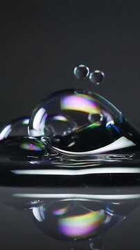 Vertical video: Sending thin jet of drops hitting dish in studio, making rebound and merged bubble