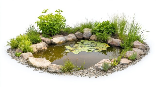 A small natural pond with lily pads and surrounding greenery