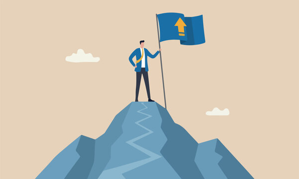 Business, conqueror be the first to explore success opportunity, achievement or new market segment, exploration concept, confidence businessman holding winner flag on top of mountain peak