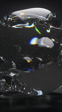 Vertical video: Rising glass bubble morphing, rotating over mirror in studio light causing spark