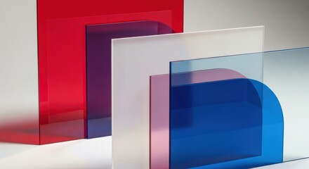 Abstract minimalist composition of overlapping translucent colorful acrylic panels with geometric shapes and rounded corners for creative design