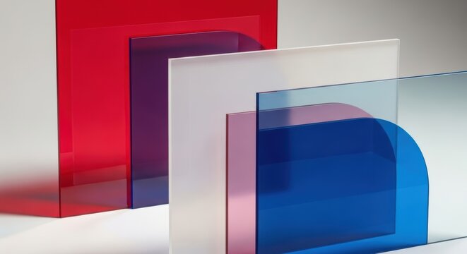 Abstract minimalist composition of overlapping translucent colorful acrylic panels with geometric shapes and rounded corners for creative design