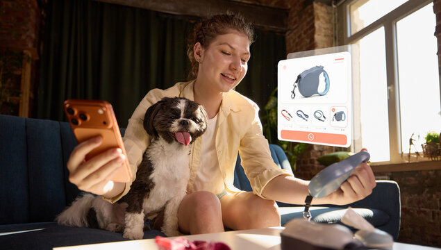 Woman explores dog accessories through interactive mobile shopping interface. Concept of digital customer experience, product discovery, seamless ecommerce and modern pet retail services.