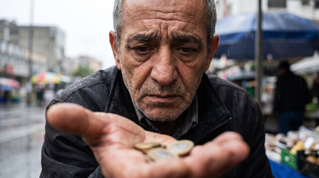Elderly Man Begging for Money on a City Street