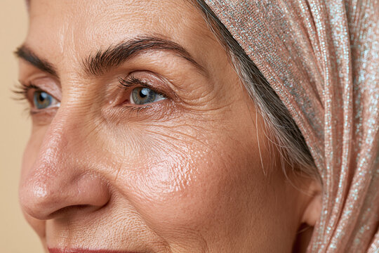 Elderly Arab woman extreme close up beauty macro showing cheekbone, textured skin, wrinkles and blue eye with shimmering headscarf, soft warm lighting and natural expression
