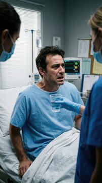 Infectious condition distress: rabies virus, rhabdovirus patient, water aversion, drool symptom, medical assist, hospital room, disease manifestation, therapy attempt.