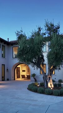 Vertical video: Panning camera revealing Spanish stucco courtyard at dusk to showcase uplit tree