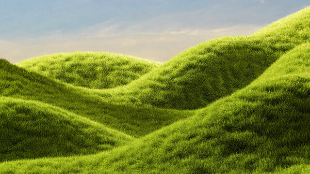 Rolling lush grass hills landscape with realistic green vegetation. 3d render