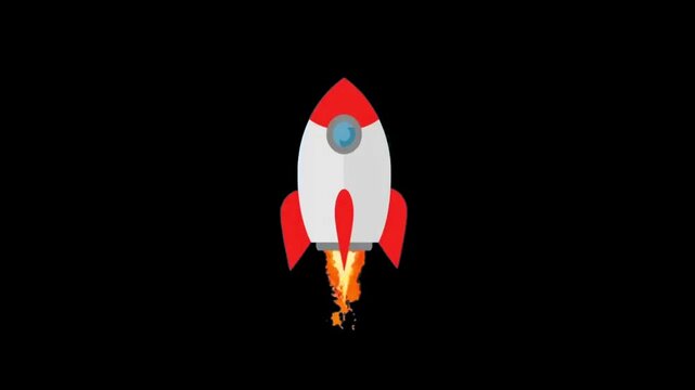 Cartoon Rocket Ship Launching with Animated Fire Flame and Smoke on Alpha Channel