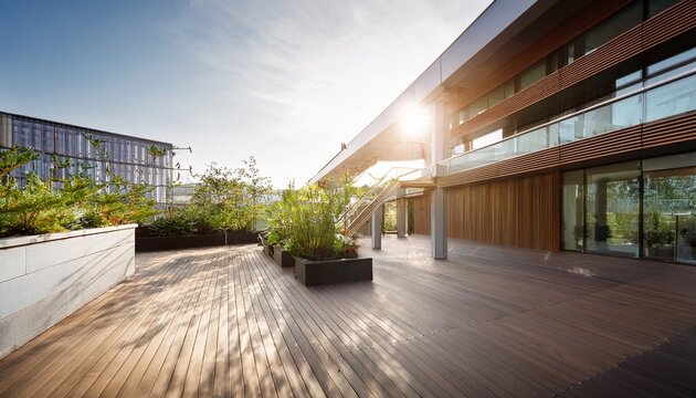 elevated walkways in sunny modern courtyard