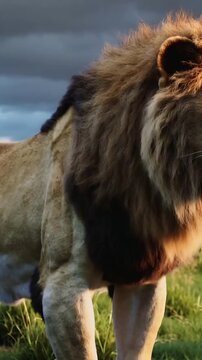 Vertical video: Emerging from left, adult male lion walking across grassy plain, mane whiskers