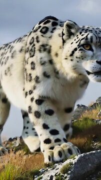 Vertical video: Pulling back camera showing snow leopard walking along alpine ridge over stones