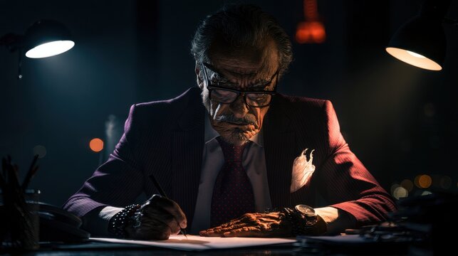 Elderly man in suit and glasses working late at night under desk lamps with focused expression writing on paper in dark moody office environment
