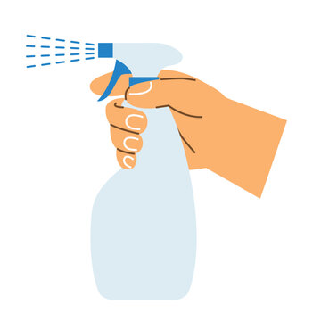 hand holding cleaning spray bottle, household cleaner spray, hygiene and sanitation concept - vector illustration