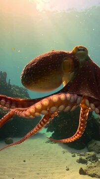 Vertical video: Octopus moving with current, reaching arms over sand near coral, rays showing cups