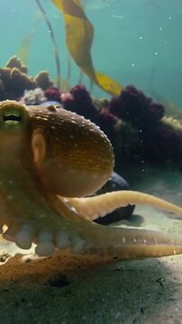 Vertical video: Pulling back cam causing octopus turning, flexing arms on sand in tank showing cups