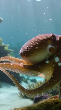 Vertical video: Sensing camera, approaching brown octopus gliding across kelp tank, showing suckers