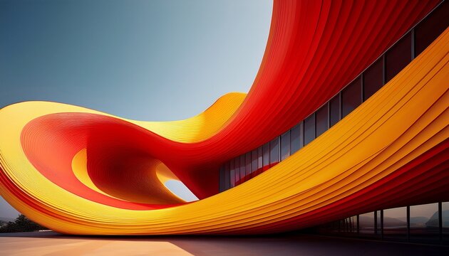 abstract view of a modern sculptural architecture with vibrant red and yellow curves