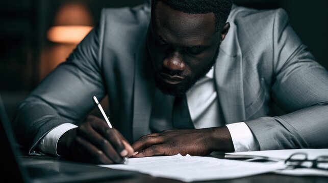 Focused African American businessman writing notes with pen at desk in dim office lighting concentrating on paperwork and documents in professional environment