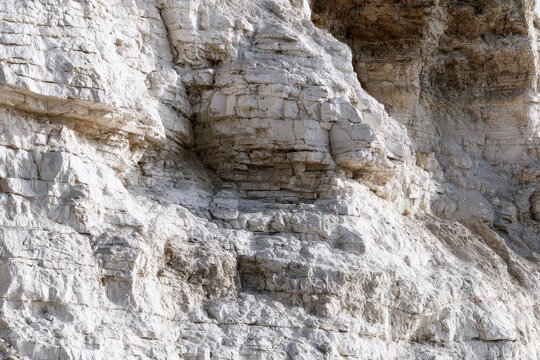White limestone cliff face showing stratified sedimentary layers in bright daylight with sharp focus for geological research and construction marketing