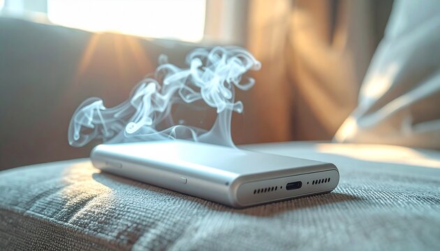 ソファーの上で煙が上がるモバイルバッテリーを接写した発火危険イメージ写真