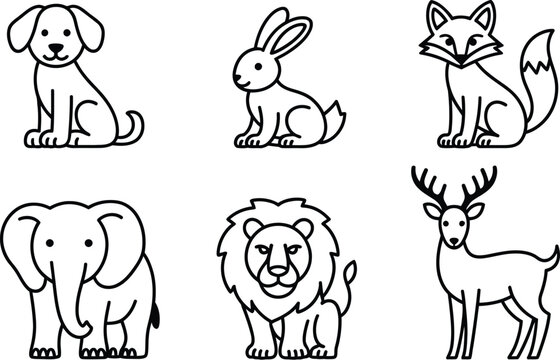 Cute cartoon animal line icon set with dog rabbit fox elephant lion and deer isolated on white background vector illustration.
