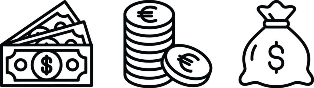Money and finance line icon set featuring pile of dollar cash banknotes stacked euro coins and savings wealth money bag.