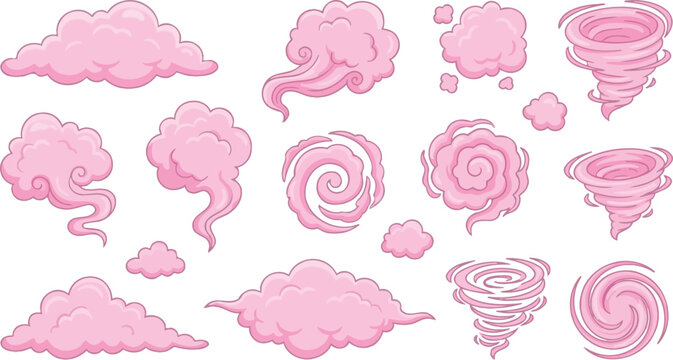 Artistic collection of vibrant pink cartoon smoke clouds and whimsical swirl vapor effects isolated on a white background for creative graphic design and playful animation projects.