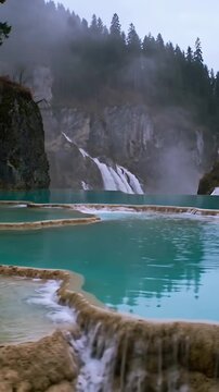 Vertical video: Overflowing tiered pools feeding lower basins and sending cascades in canyon, mist