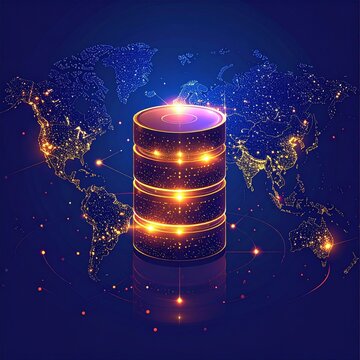 A glowing database tower stands before a luminous global map, symbolizing secure cloud storage and big data networking. Nobody. Perfect for global tech and connectivity concepts.