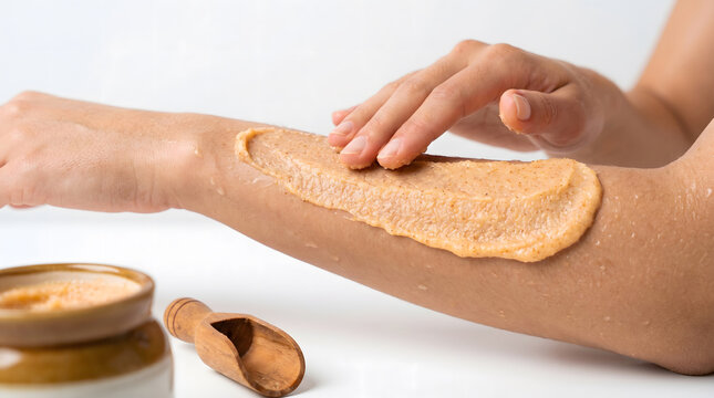 Woman applying natural exfoliating scrub on her forearm for skincare routine
