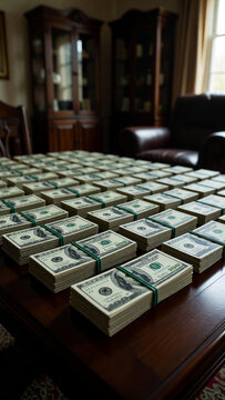 Rows of Neatly Stacked One Hundred Dollar Bill Bundles Arranged on a Dark Wooden 
