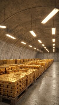 Underground Concrete Vault Tunnel Lined with Rows of Ceiling Lamps, Filled with Massive Stacks of Gold 