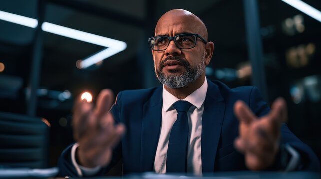 Focused mature businessman in dark suit and glasses explaining or discussing important topic in modern office environment with serious expression and hand gestures