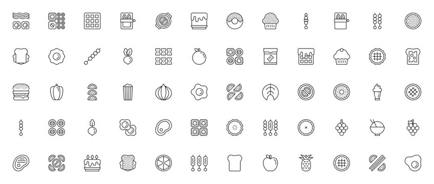 Food icon set. Vector illustration. Minimalist food icons pack. Includes symbols for breakfast, sushi, waffle, sandwich, fried egg, burger, pie and more. Editable vector stroke.