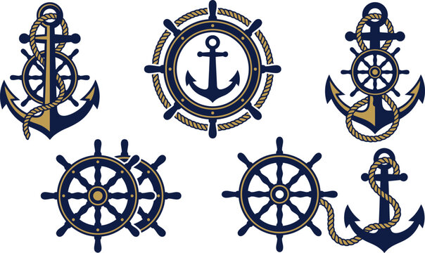 Nautical collection of navy blue maritime anchor icon featuring intricate rope detail and wooden ship steering wheel isolated on a clean white background for marine graphic design project.