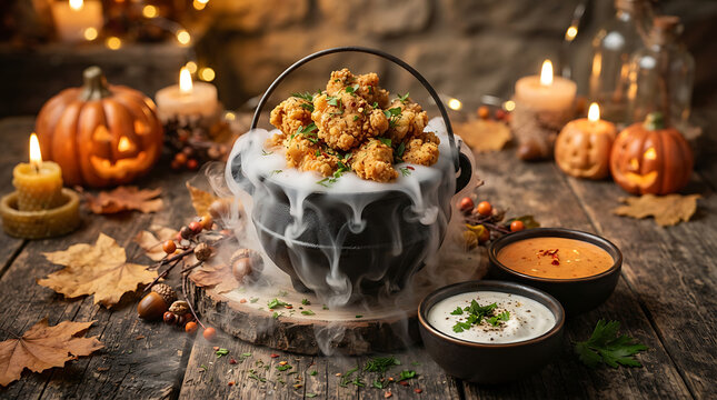 Halloween snack bowl with popcorn chicken and pumpkin decorations. Spooky party food display with autumn leaves and candles for festive gatherings.