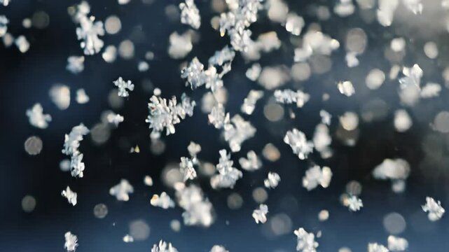 Snowflakes Falling Against Dark Night Sky Scene.