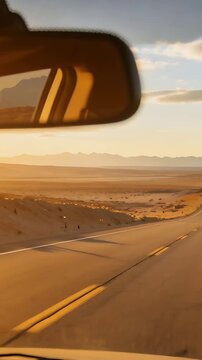 Vertical video: Moving car, cam capturing windshield on desert highway, mirror framing centerline