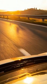 Vertical video: Cruising car hood windshield catching glare on country road, passing guardrail sign