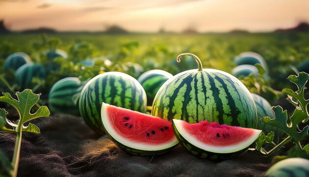 Sunset bathes ripe watermelons in warm, golden light