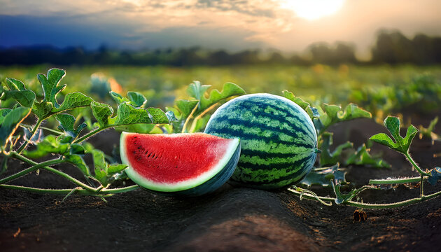 Sunset bathes ripe watermelons in warm, golden light