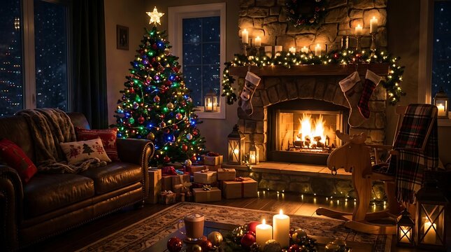 Elegant christmas living room interior with illuminated pine tree and stone hearth.