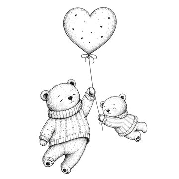 Zwei niedliche Teddyb&auml;ren in Strickpullovern schweben an einem herzf&ouml;rmigen Luftballon. Liebevolle Illustration mit verspieltem Motiv auf wei&szlig;em Hintergrund.