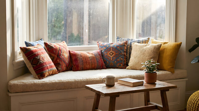 Window seat with cushioned bench colorful patterned pillows and potted plant
