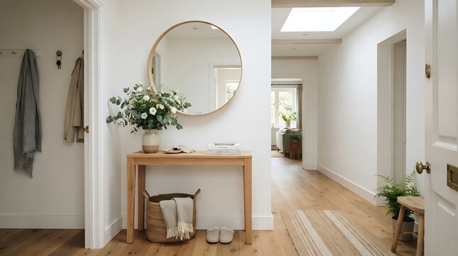 Bright scandinavian hallway interior with wooden console table and round mirror decor